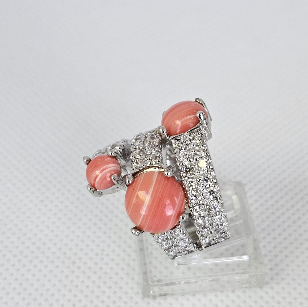 Rare Vintage Genuine Salmon Coral & CZ Wrap Around Ring Sterling Silver Sz 7! - Picture 4 of 9